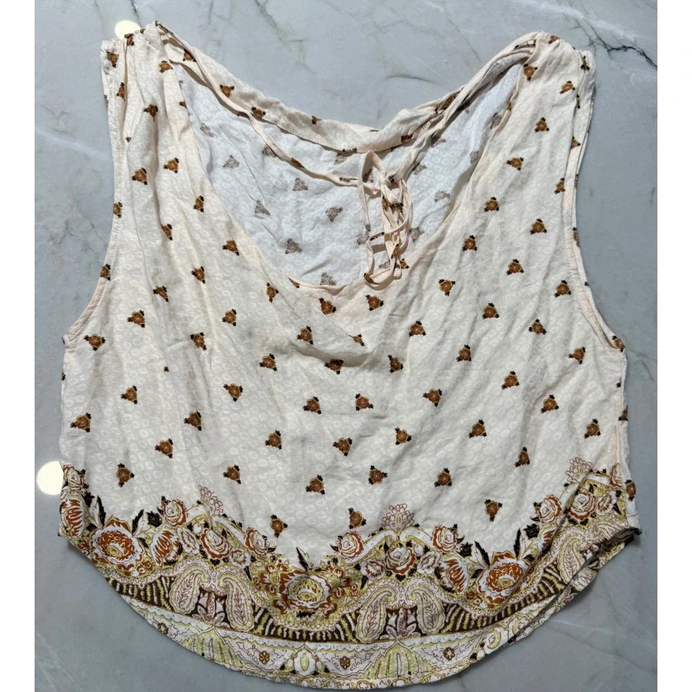 Free People Silas Cream Floral Paisley Cowl Neck Sleeveless Boho Top Small #110